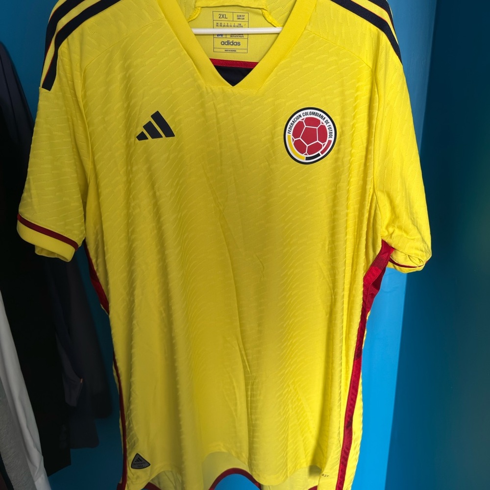 2022 Adidas Colombia Yellow Soccer Jersey with Red and Blue Accents